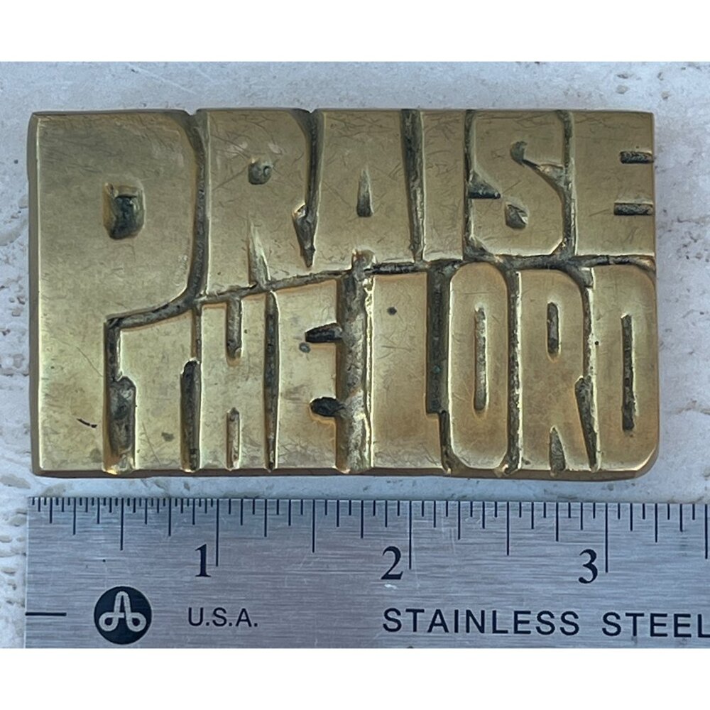 Belt Buckle Solid Brass "Praise The Lord" 3.25L Vintage 1970s Religious Worship - Picture 6 of 7